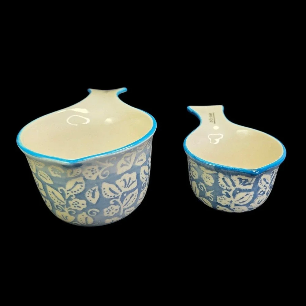 Sparrow and Wren Ceramic Measuring Cups Set 4 Blue Floral Leaf Kitchen Cooking